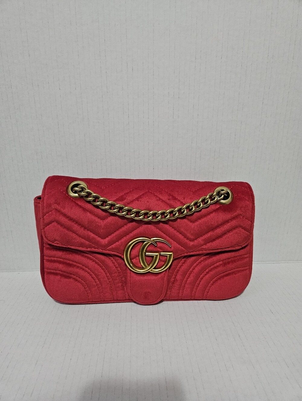 Red Velvet Shoulder Bag with Gold Double Hardware